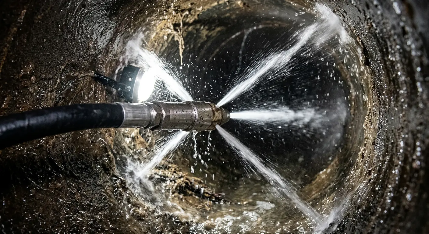 High-pressure hydro jetting nozzle cleaning sewer pipe for Trenchless Sewer Repair in Weatherford