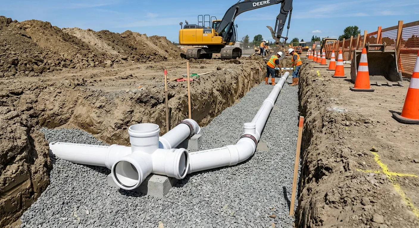 New PVC sewer pipe installation in open trench for Commercial Drain Cleaning in Weatherford