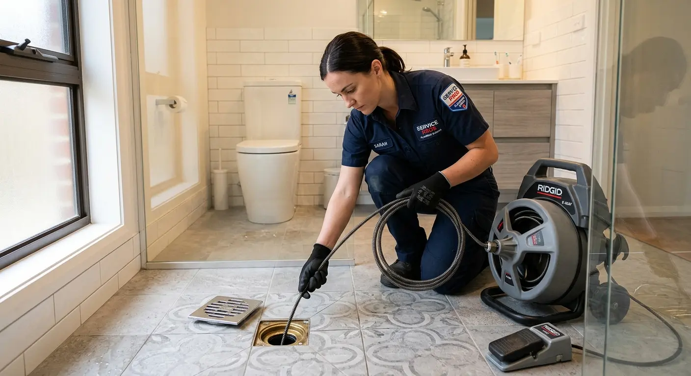 Technician clearing a bathroom floor drain for Clogged Drain Repair in Weatherford